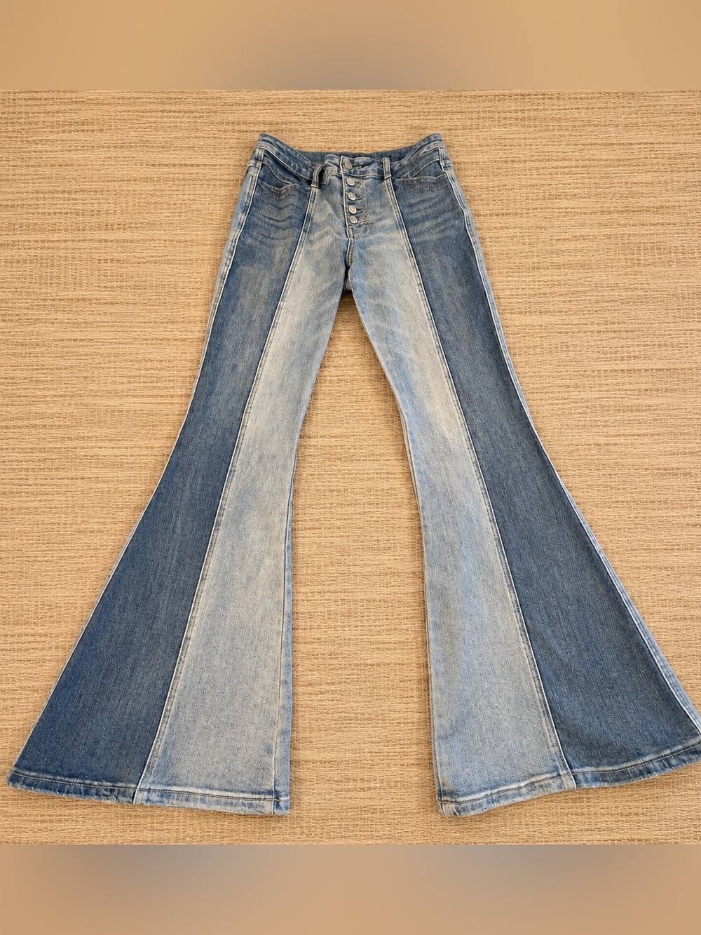Flying Monkey Jeans Two-Tone High-Rise Super Flare Exposed Button Fly Boho Retro - Picture 2 of 16